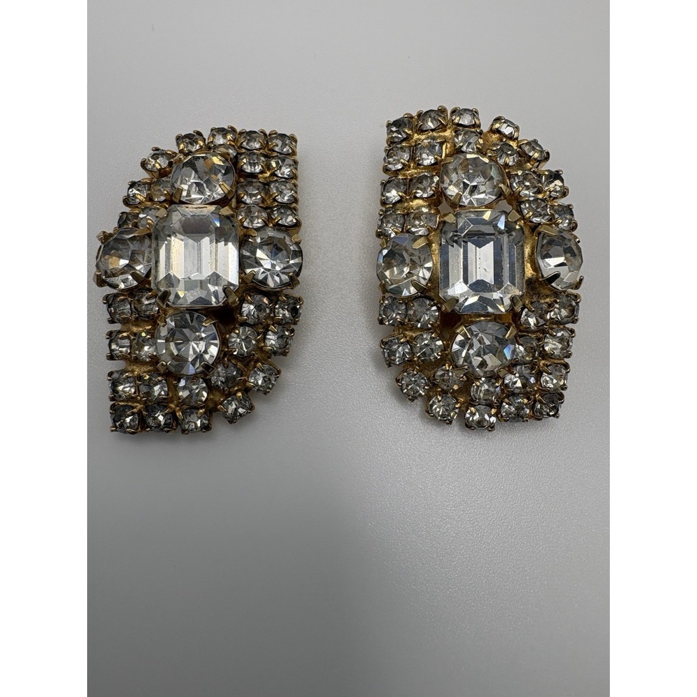 Hattie Carnegie Vintage Clip On Earrings Signed Clear Rhinestone Gold Tone 1950s